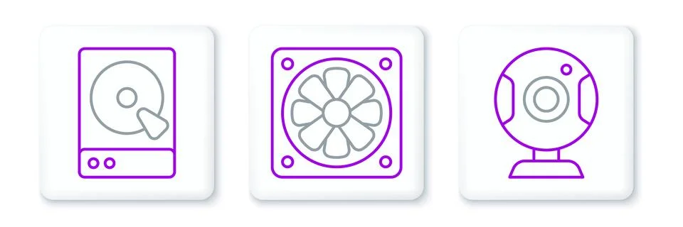 Set line Web camera, Hard disk drive HDD and Computer cooler icon. Vector 스톡 일러스트