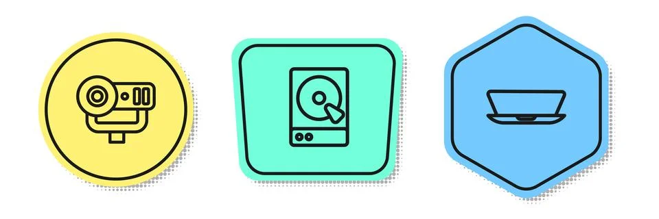 Set line Web camera, Hard disk drive HDD and Laptop. Colored shapes. Vector Stock Illustration