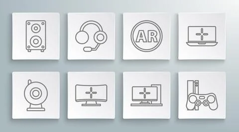 Set line Web camera, Headphones, Computer monitor, Game console with joystick 스톡 일러스트