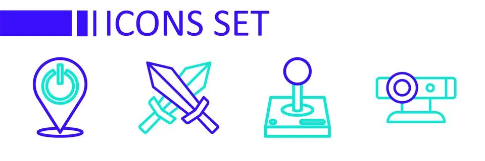 Set line Web camera, Joystick for arcade machine, Sword game and Power butt.. Stock Illustration