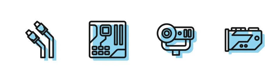 Set line Web camera, LAN cable network internet, Motherboard digital chip and Stockillustratie