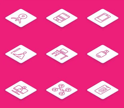 Set line Web camera, Laptop, Mobile phone, Student working at laptop, Computer 스톡 일러스트