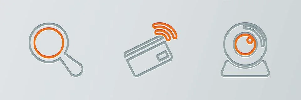 Set line Web camera, Magnifying glass and Contactless payment icon. Vector Stockillustratie