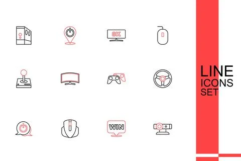 Set line Web camera, Medal, Computer mouse, Power button, Racing simulator,.. Illustrazione stock