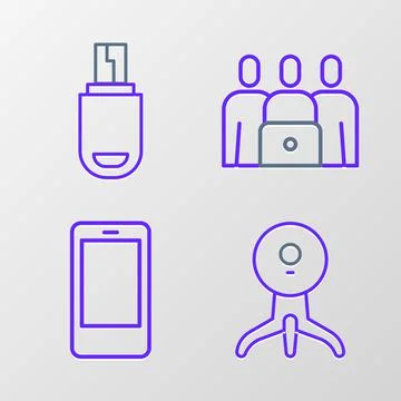 Set line Web camera, Mobile phone, Online class and USB flash drive icon. Vector Illustrazione stock