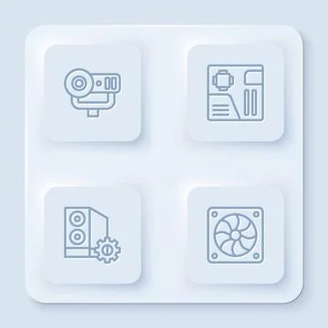 Set line Web camera, Motherboard digital chip, Case of computer and Computer Illustrazione stock