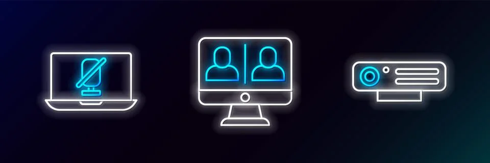 Set line Web camera, Mute microphone on laptop and Video chat conference icon Illustrazione stock