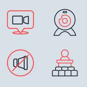 Set line Web camera, Mute microphone, Speaker and Video chat conference ico.. Stock Illustration
