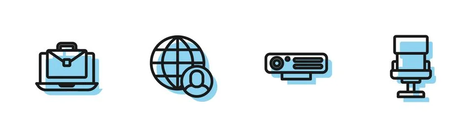 Set line Web camera, Online working, Freelancer and Office chair icon. Vector 스톡 일러스트