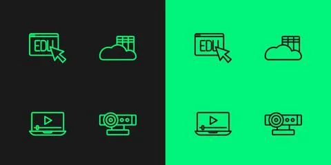 Set line Web camera, Online play video, education and Cloud or online library Stock Illustration