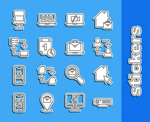 Set line Web camera, Online working, Project team base, Video Off on laptop Stock Illustration