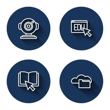 Set line Web camera, Online education, book and Cloud or online library with  Stock Illustration