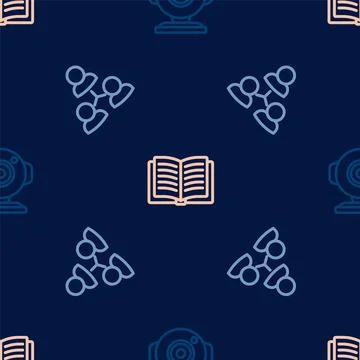 Set line Web camera, Online class and Open book on seamless pattern. Vector Illustrazione stock