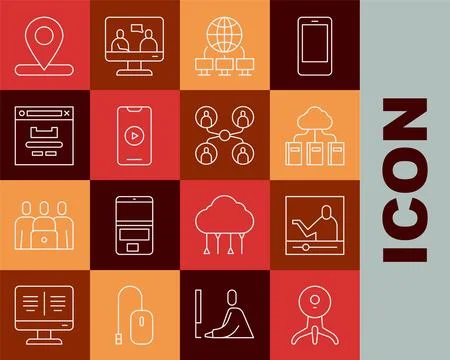 Set line Web camera, Online education, Cloud or online library, Computer network Illustrazione stock
