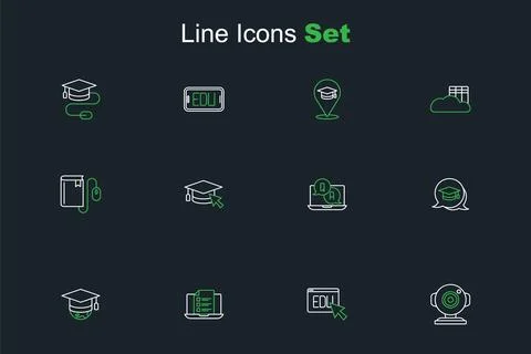 Set line Web camera, Online education, quiz, test, survey, Graduation cap g.. 스톡 일러스트