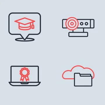 Set line Web camera, Online education with diploma, Cloud or online library.. Stock Illustration