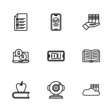 Set line Web camera Open book Cloud or online library Online education Book d Stock Illustration