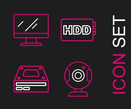 Set line Web camera, Optical disc drive, Hard disk HDD and Computer monitor.. Illustrazione stock