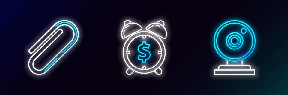 Set line Web camera, Paper clip and Alarm clock with dollar symbol icon. Glowing 스톡 일러스트