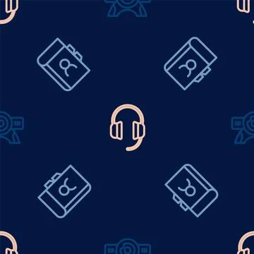 Set line Web camera, Phone book and Headphones on seamless pattern. Vector Illustrazione stock