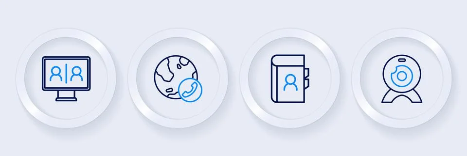 Set line Web camera, Phone book, Video chat conference and icon. Vector Stock Illustration