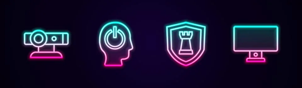 Set line Web camera, Power button, Chess shield and Computer monitor. Glowing Illustrazione stock