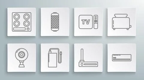 Set line Web camera, Power bank with different charge cable, Router and wi-.. Stock Illustration