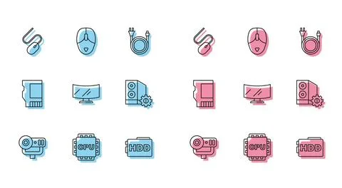 Set line Web camera, Processor with CPU, Computer mouse, Hard disk drive HD.. Stockillustratie