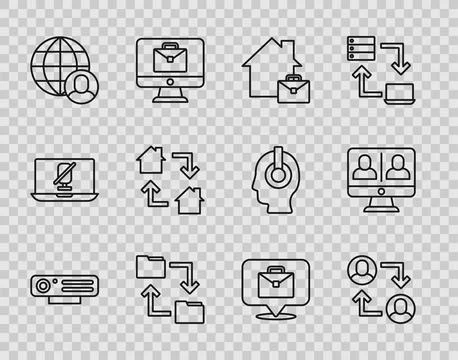 Set line Web camera, Project team base, Online working, Cloud storage document Illustrazione stock