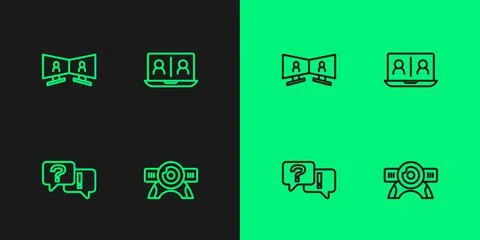 Set line Web camera, Question and Answer, Video chat conference and icon. Vector 스톡 일러스트