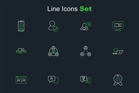 Set line Web camera Question and Answer Speech bubble chat Video conference M Illustrazione stock