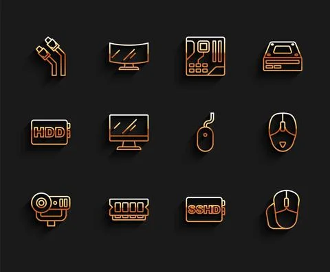 Set line Web camera, RAM, random access memory, LAN cable network internet, SSHD Stock Illustration