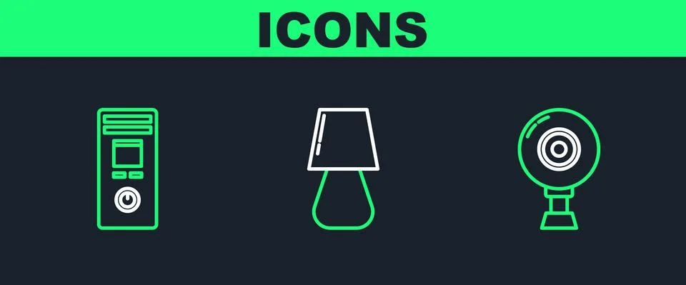 Set line Web camera, Remote control and Table lamp icon. Vector Stock Illustration