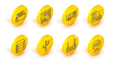Set line Web camera, Router and wi-fi signal, USB, Server, Data, Hosting, Case Stock Illustration
