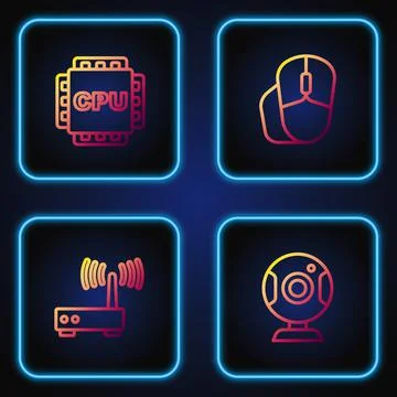 Set line Web camera, Router and wi-fi signal, Processor with CPU and Computer Illustrazione stock