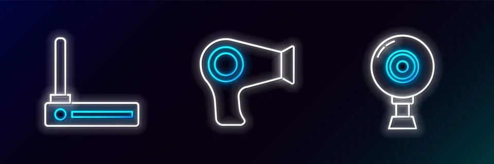Set line Web camera, Router and wi-fi signal and Hair dryer icon. Glowing neon 스톡 일러스트