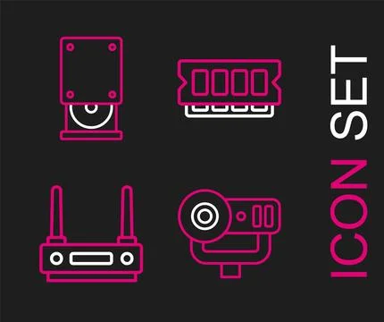 Set line Web camera, Router and wi-fi signal, RAM, random access memory and.. Illustrazione stock
