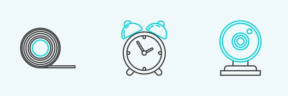 Set line Web camera, Scotch and Alarm clock icon. Vector 스톡 일러스트