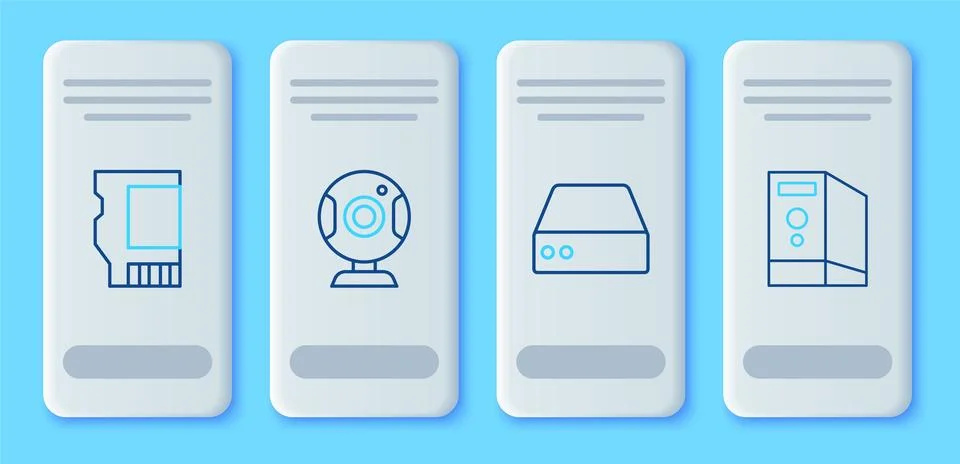 Set line Web camera, Server, Data, Hosting, SD card and Case of computer ic.. Illustrazione stock