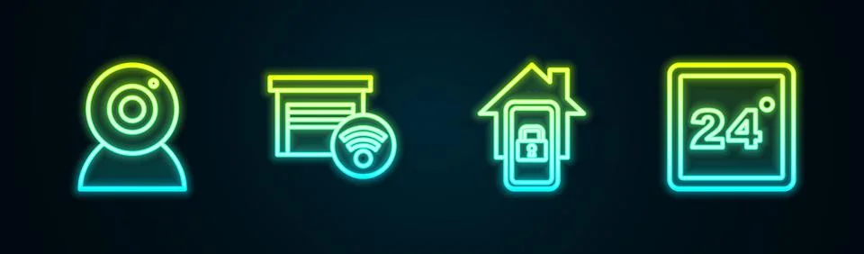 Set line Web camera, Smart garage, Mobile with smart home and Thermostat Illustrazione stock