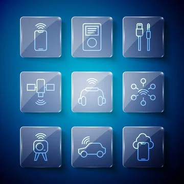 Set line Web camera, Smart car system, Cloud technology data, USB cable cord Stock Illustration