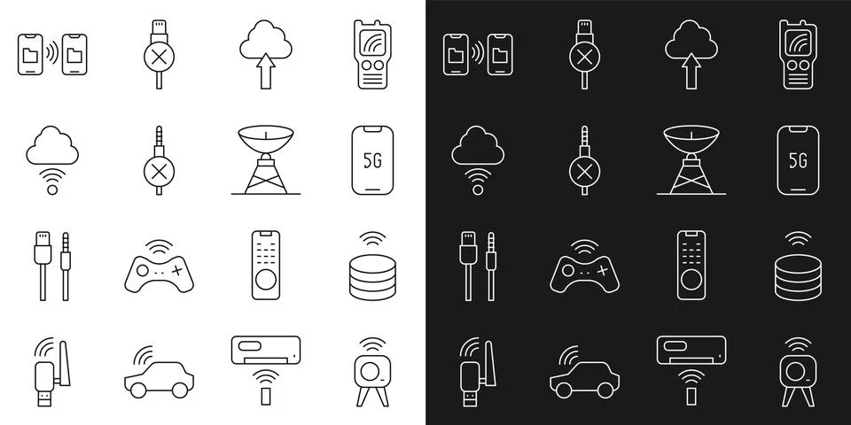 Set line Web camera, Smart data server, Mobile with 5G, Cloud upload, No audi Ilustración de archivo