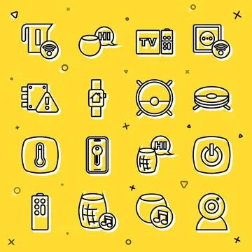 Set line Web camera, Smart home, Robot vacuum cleaner, Multimedia and TV box Ilustración de archivo