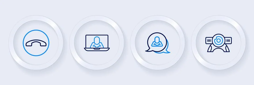 Set line Web camera, Speech bubble chat, Video conference and Telephone han.. Stock Illustration