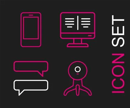 Set line Web camera, Speech bubble chat, Online book on monitor and Mobile .. Stock Illustration