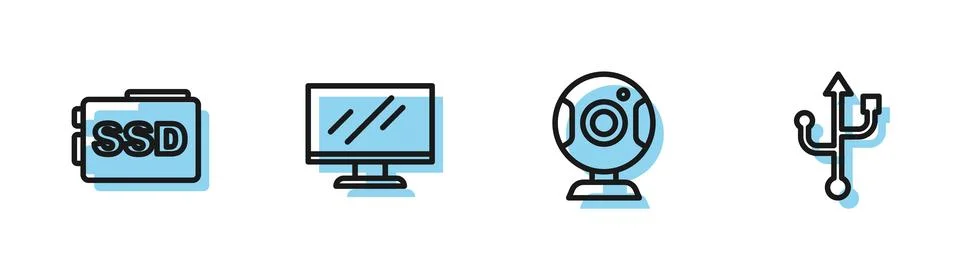 Set line Web camera, SSD card, Computer monitor screen and USB icon. Vector Stock Illustration