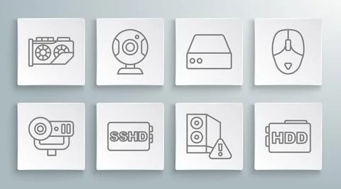 Set line Web camera, SSHD card, Case of computer, Hard disk drive HDD, Server 스톡 일러스트