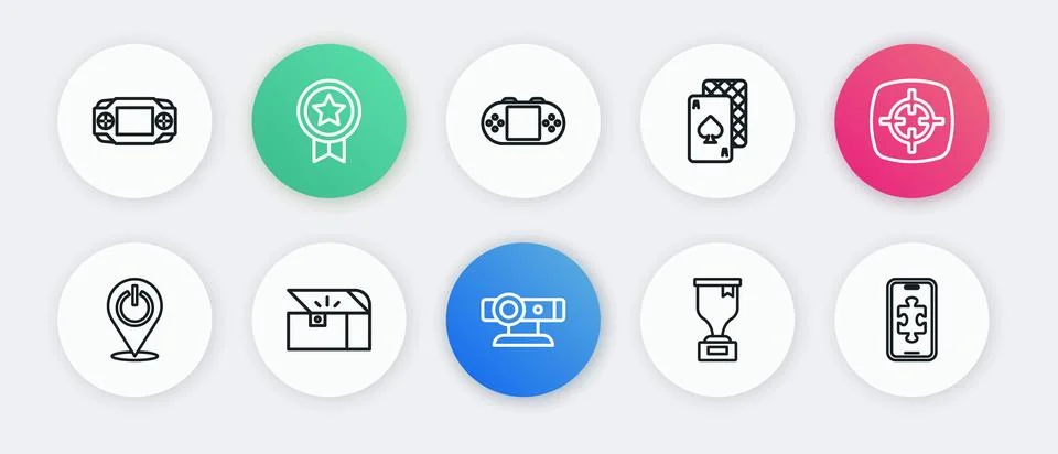 Set line Web camera, Target sport, Power button, Award cup, Playing cards, .. Stock Illustration