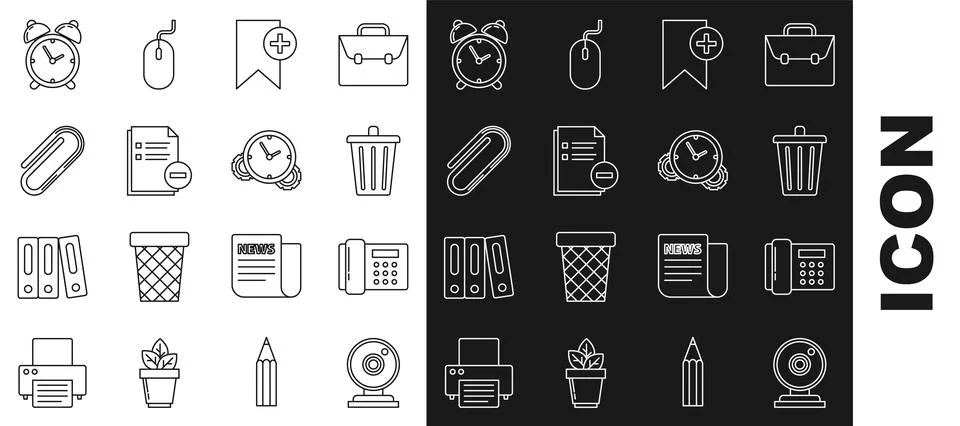 Set line Web camera, Telephone, Trash can, Bookmark, Document with minus, Paper Stock Illustration