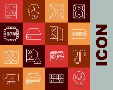 Set line Web camera, USB cable cord, SSHD card, Computer cooler, Server, Data Illustrazione stock